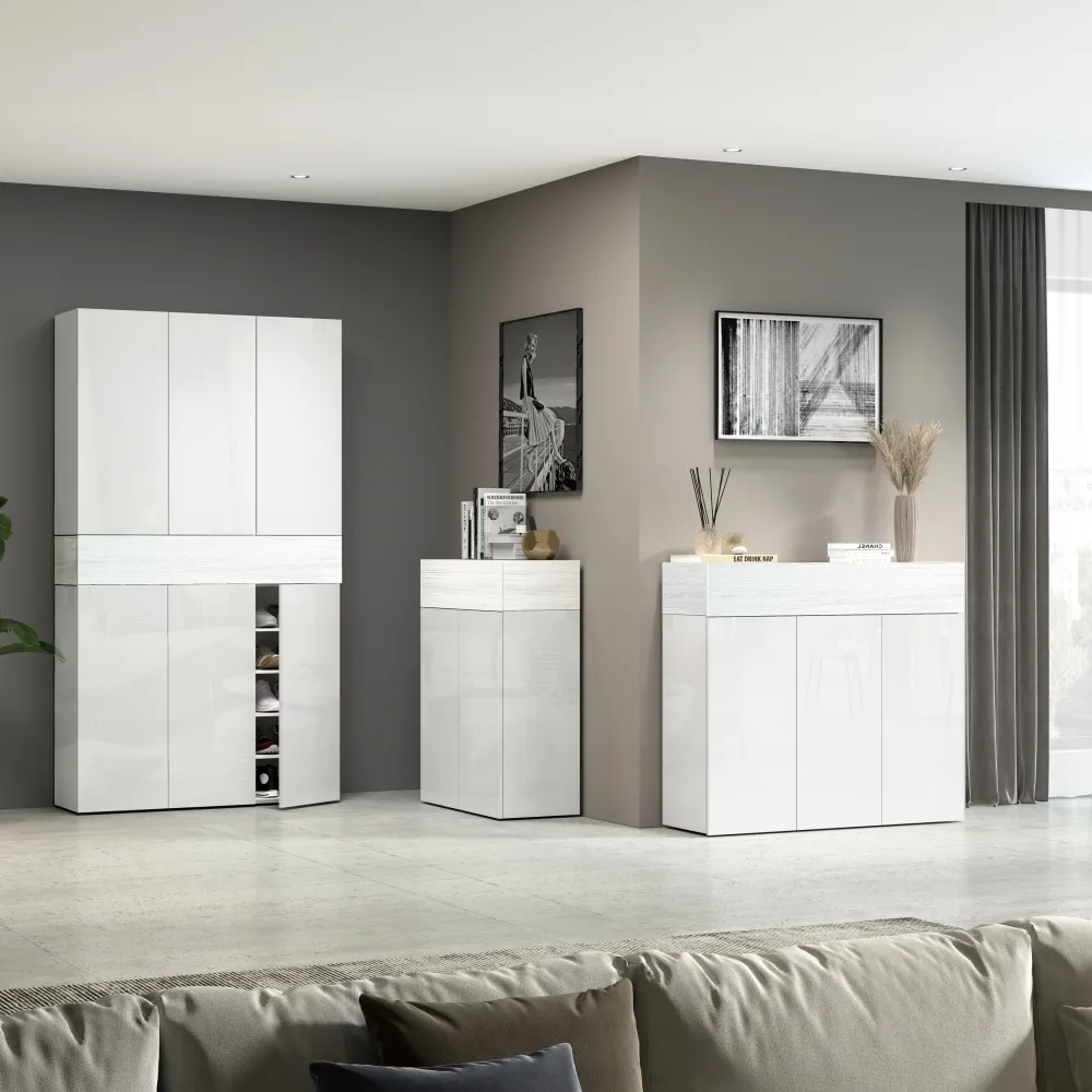 Scarpiera 114x35x200 cm Bianco Laccato Lucido con Dettagli Larice: Eleganza e Funzionalità - Velvet