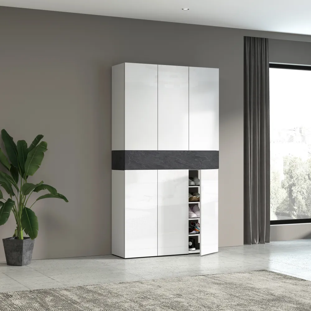 Scarpiera 114x35x200 cm Bianco Laccato Lucido con Report: Eleganza e Funzionalità - Velvet