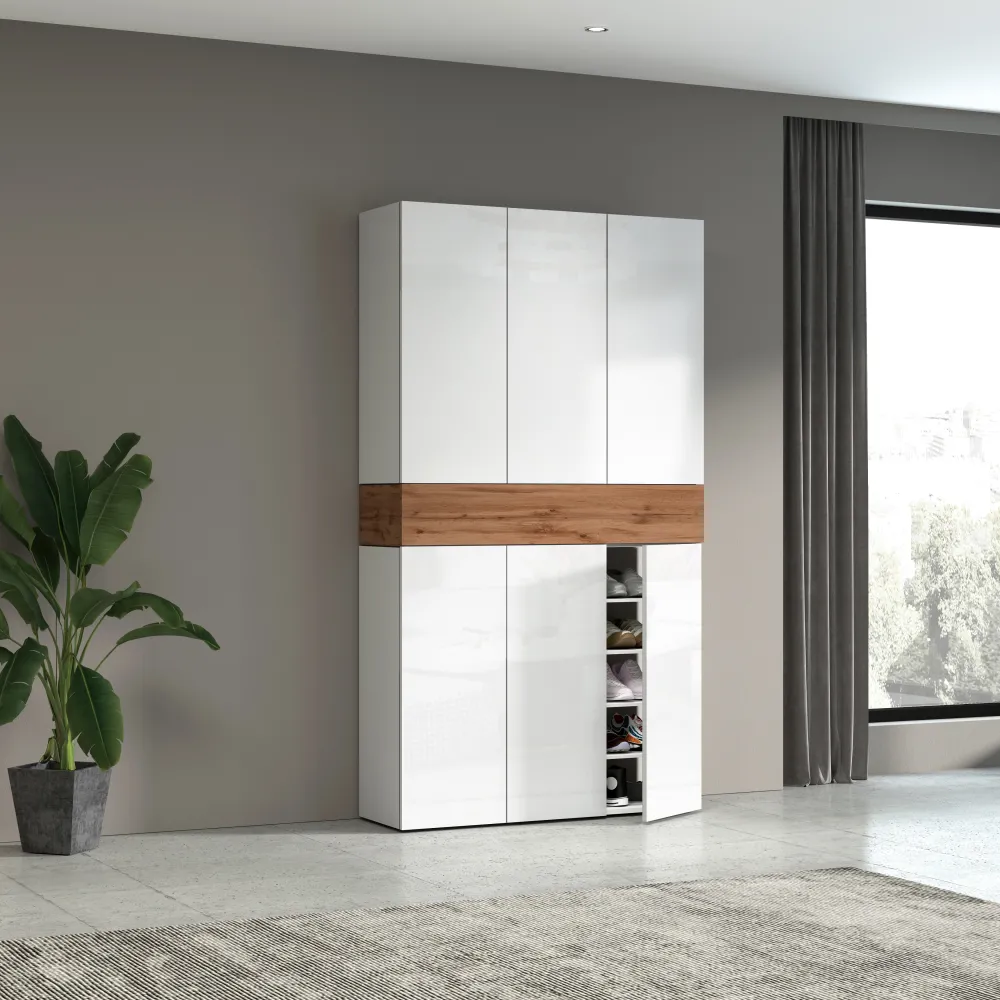 Scarpiera 114x35x200 cm Bianco Laccato Lucido/Rovere Wotan con Design Moderno - Velvet