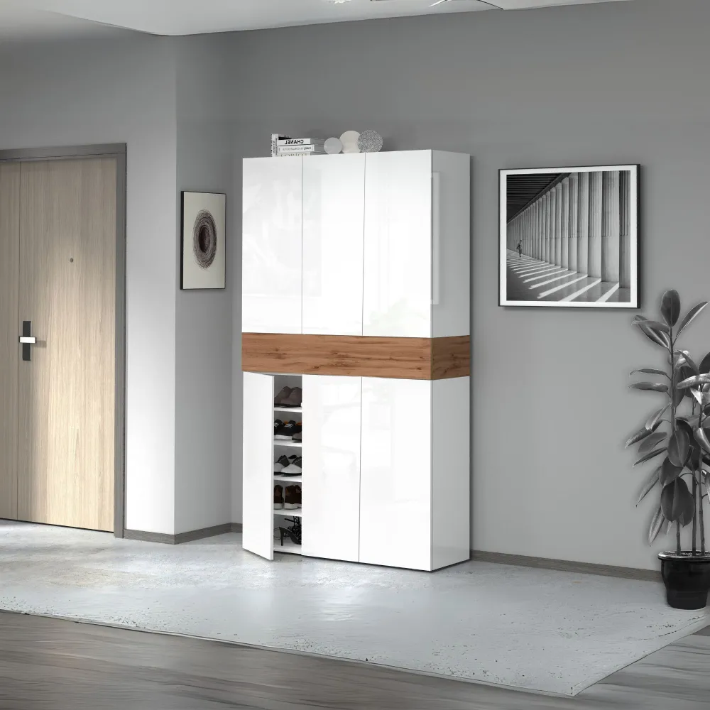 Scarpiera 114x35x200 cm Bianco Laccato Lucido/Rovere Wotan con Design Moderno - Velvet 2