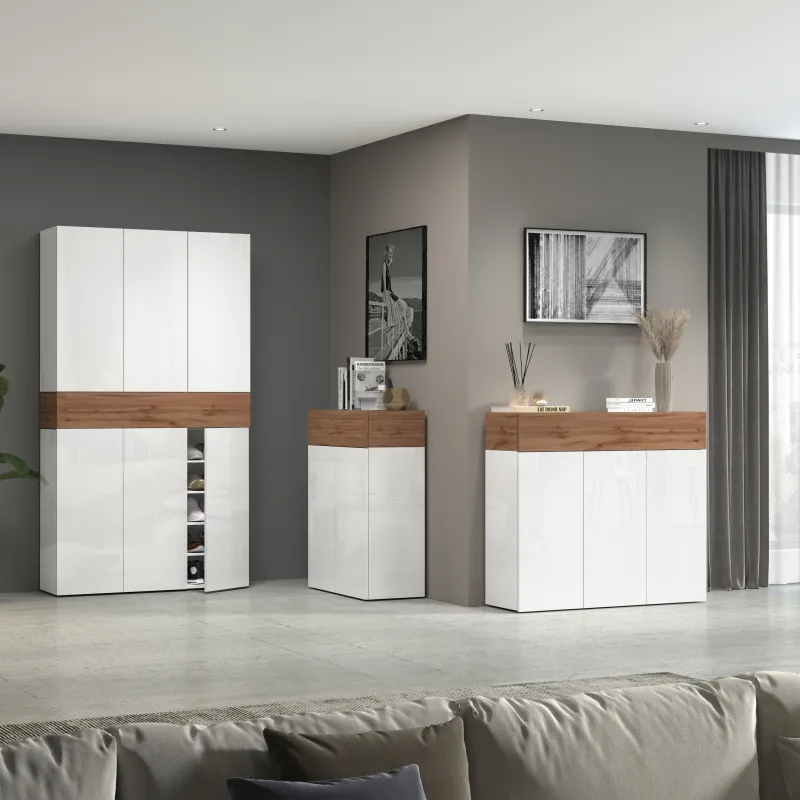 Scarpiera 114x35x200 cm Bianco Laccato Lucido/Rovere Wotan con Design Moderno - Velvet
