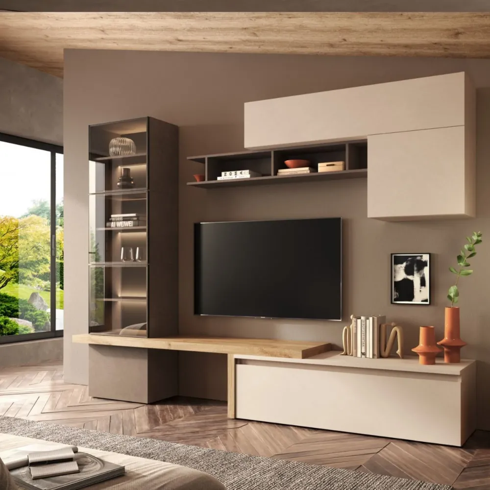 Parete attrezzata 285×195×42 in cashmere, Kadiz e bronzo con base a ribalta - ETERNITY