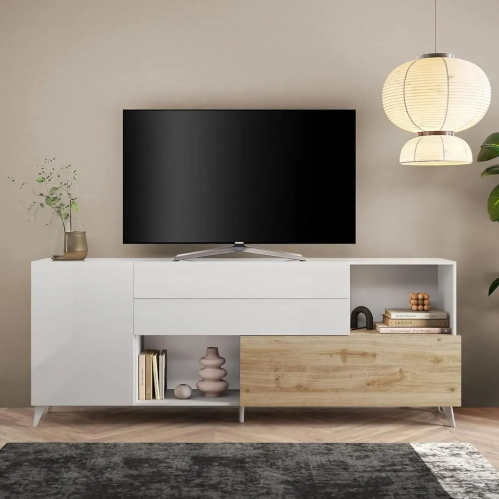 Madia 240×94×42 colore bianco e rovere chiaro per zona giorno moderna - Riviera