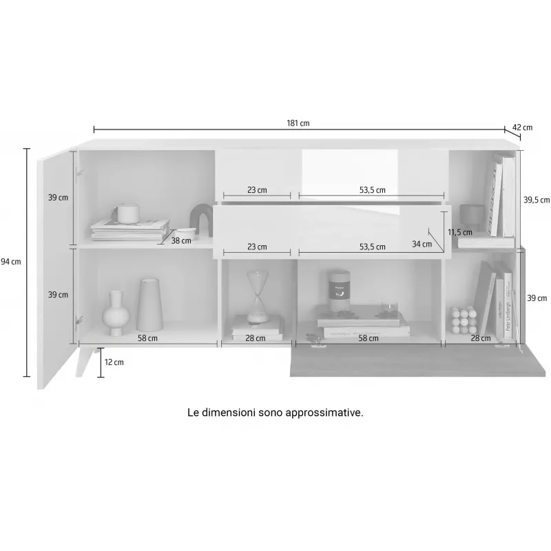 Madia 180×94×42 colore beige e rovere scuro con ante e vani contenitori - Riviera