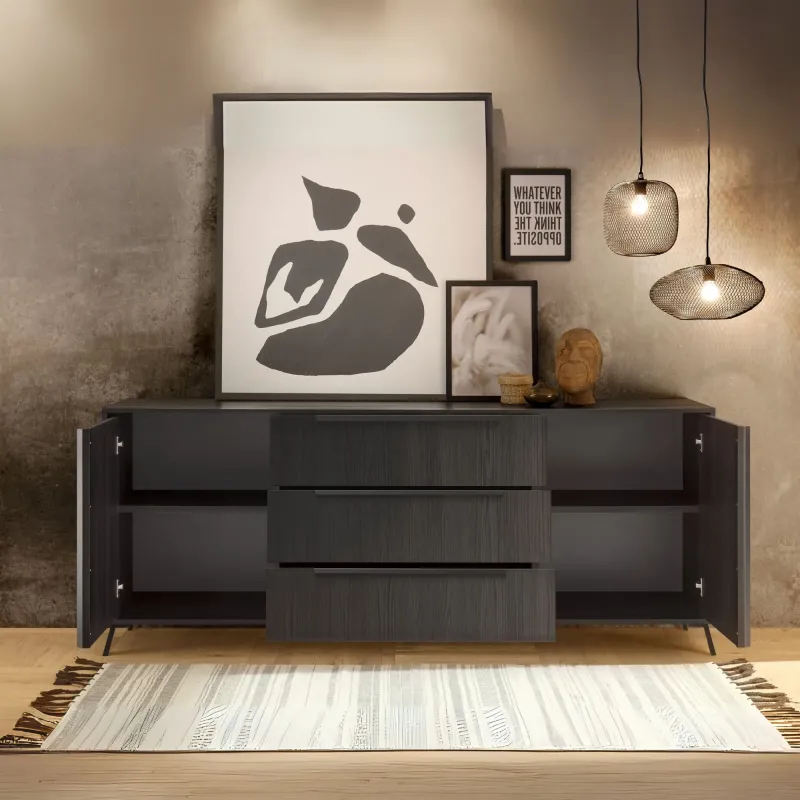 Madia 2 ante 3 cassetti 205x84x40 cm Nero Frassinato con Ampio Spazio Contenitivo Design Moderno Soggiorno - PLAZA