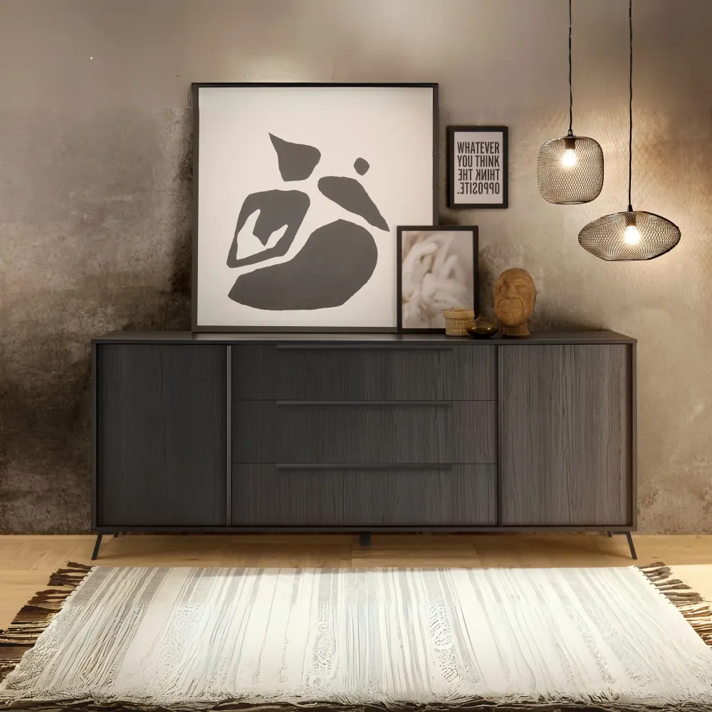 Madia 2 ante 3 cassetti 205x84x40 cm Nero Frassinato con Ampio Spazio Contenitivo Design Moderno Soggiorno - PLAZA