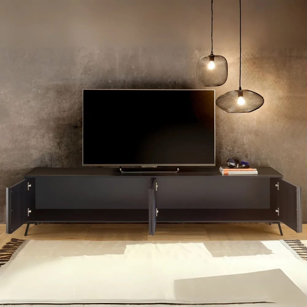 Credenza bassa 4 ante 205×48×40 cm Nero Frassinato con Ampio Vano Porta TV Design Moderno Soggiorno - PLAZA