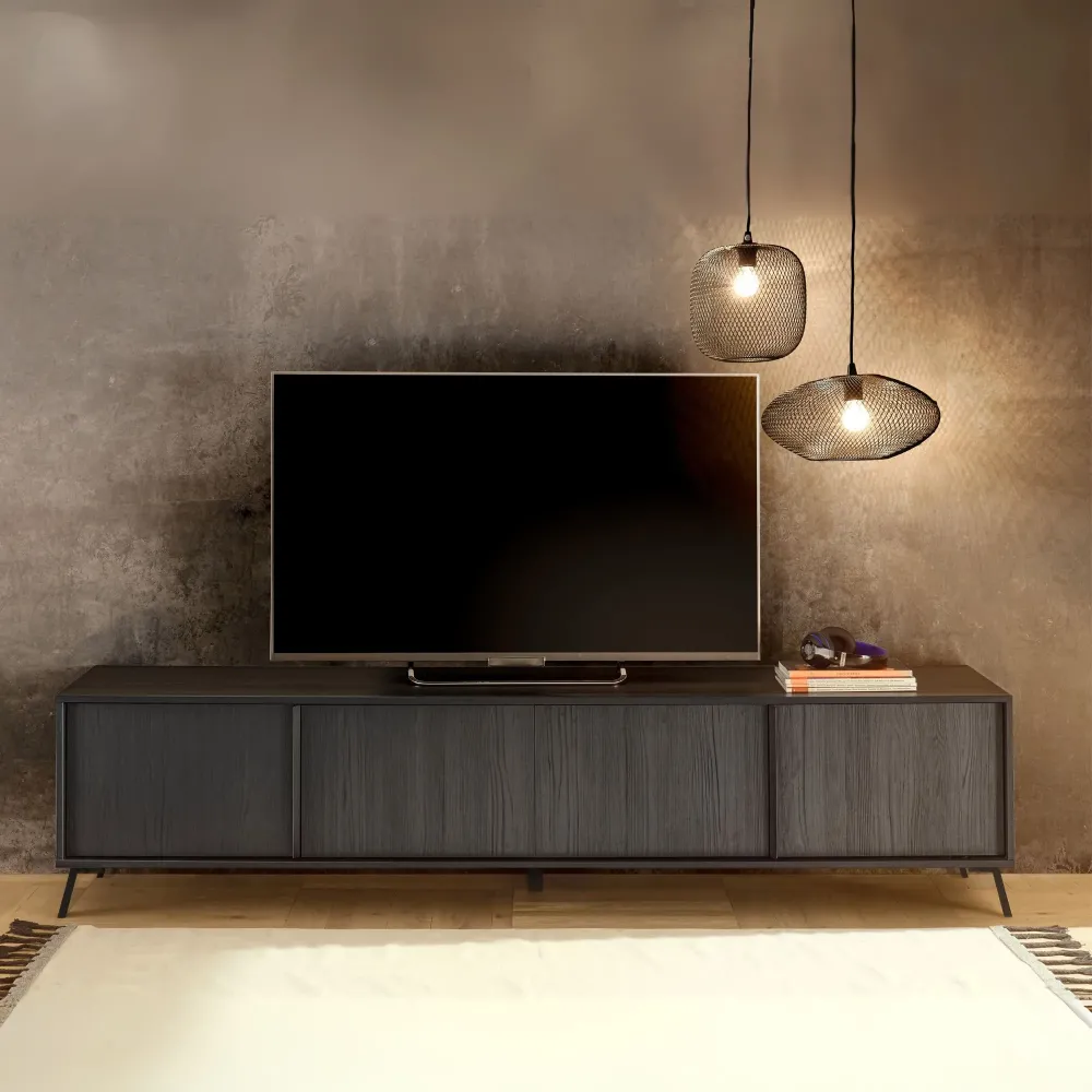 Credenza bassa 4 ante 205×48×40 cm Nero Frassinato con Ampio Vano Porta TV Design Moderno Soggiorno - PLAZA