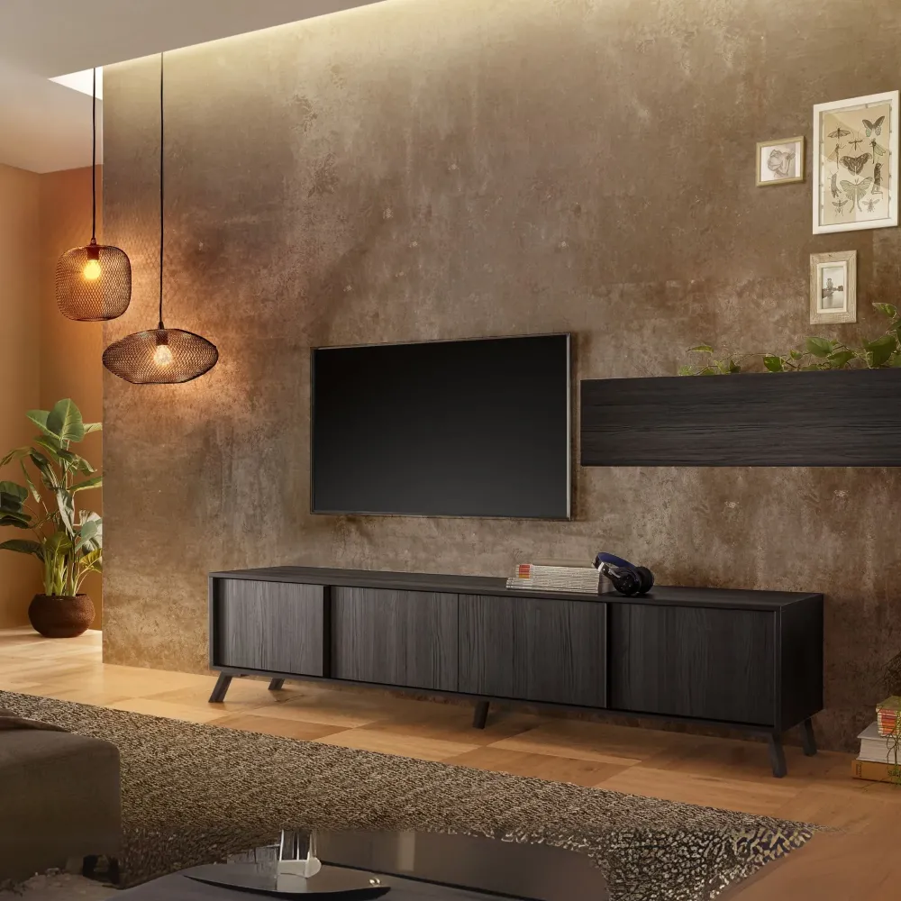 Credenza bassa 4 ante 205×48×40 cm Nero Frassinato con Ampio Vano Porta TV Design Moderno Soggiorno - PLAZA