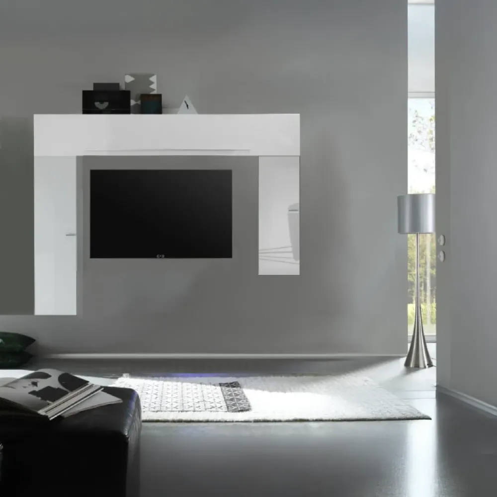 Parete attrezzata 210x197x35 cm Bianco Laccato Lucido design modulare con pensili ribalta e vasistas - Infinity