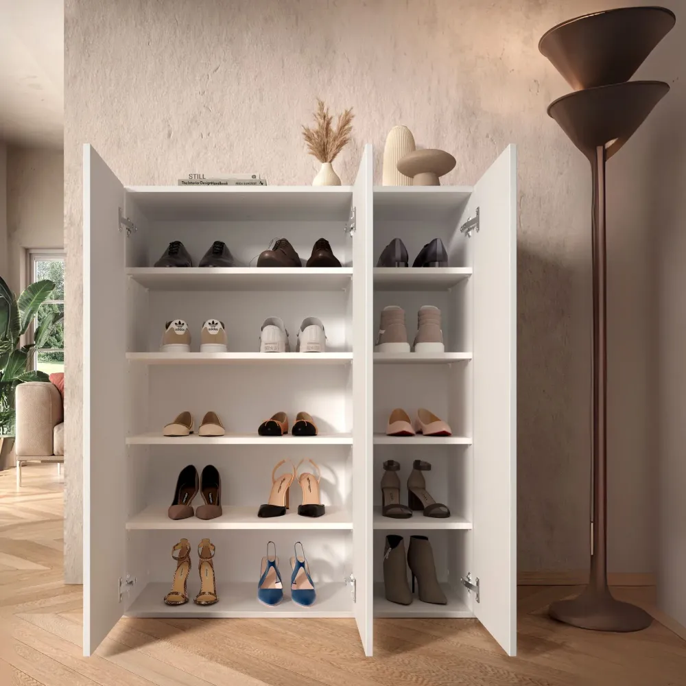 Scarpiera 95x116x35 cm bianco laccato lucido con 3 ante e 8 ripiani Mobile salvaspazio - SOUL