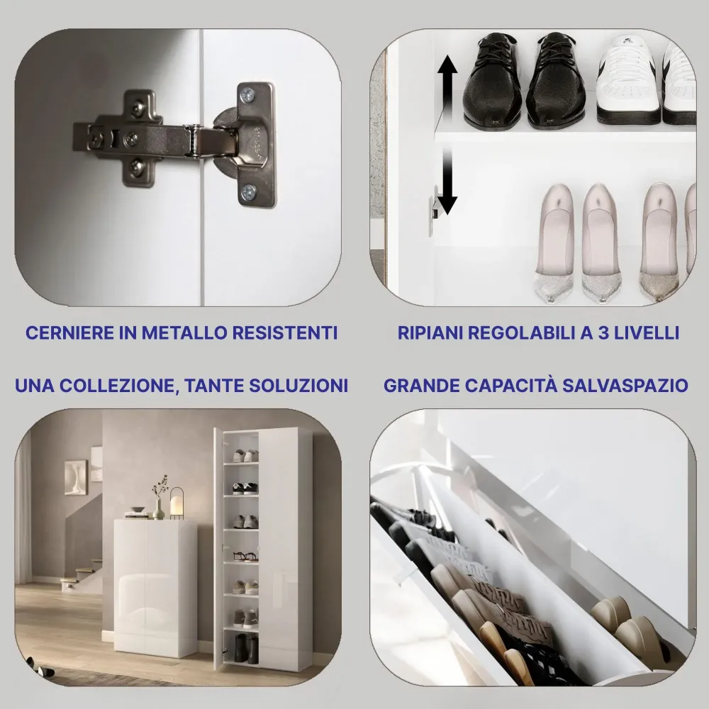 Scarpiera SOUL bianca lucida 2 ante 4 scomparti – Design moderno salvaspazio
