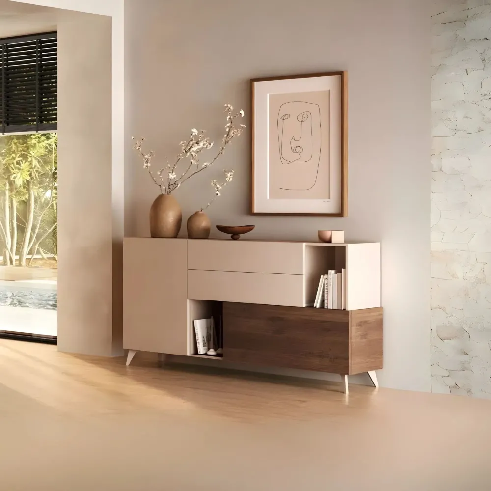 Madia 180×94×42 colore beige e rovere scuro con ante e vani contenitori - Riviera