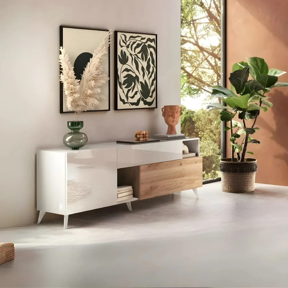 Base TV 180×67×42 colore bianco e rovere chiaro per soggiorno moderno - Riviera 2