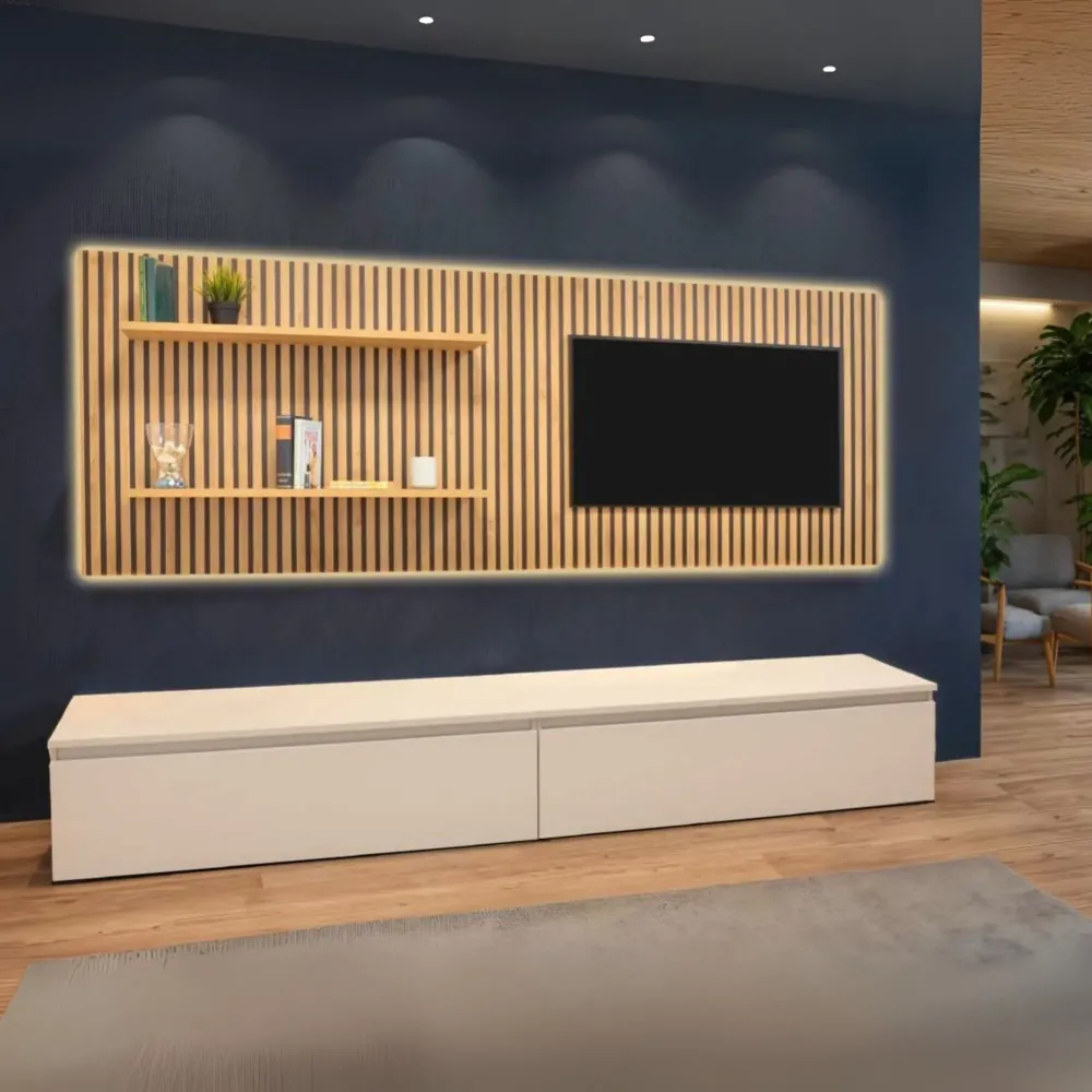 Parete attrezzata 280×200×42 gesso e Kadiz con doppia boiserie cannettata - ETERNITY
