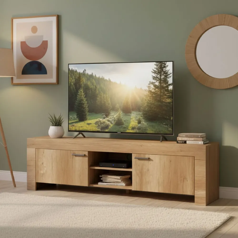 Porta TV 180x53x43 cm Rovere Canyon Vano a Giorno e Ante Laterali - Land