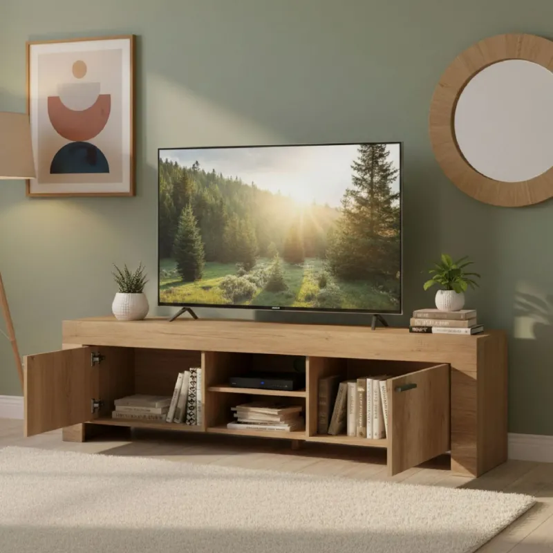Porta TV 180x53x43 cm Rovere Canyon Vano a Giorno e Ante Laterali - Land