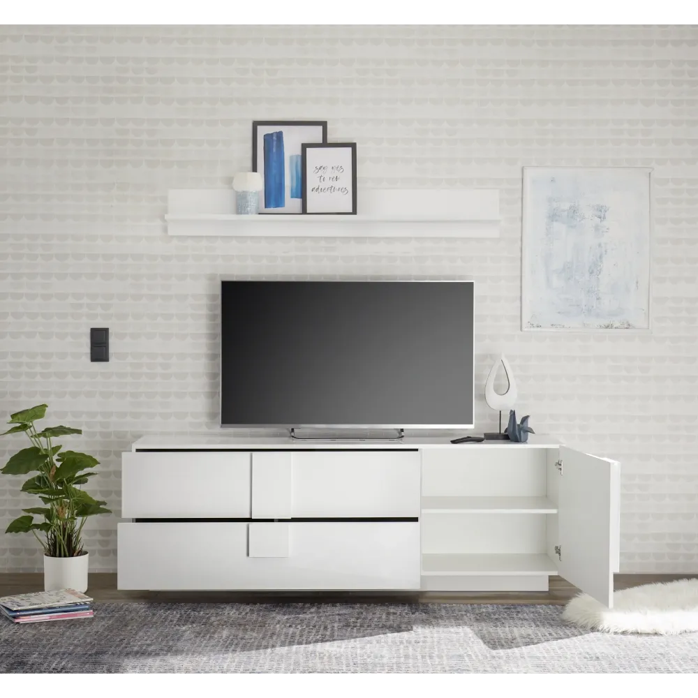 Porta TV 1 anta e 2 cassetti bianco laccato lucido - JUPITER 2