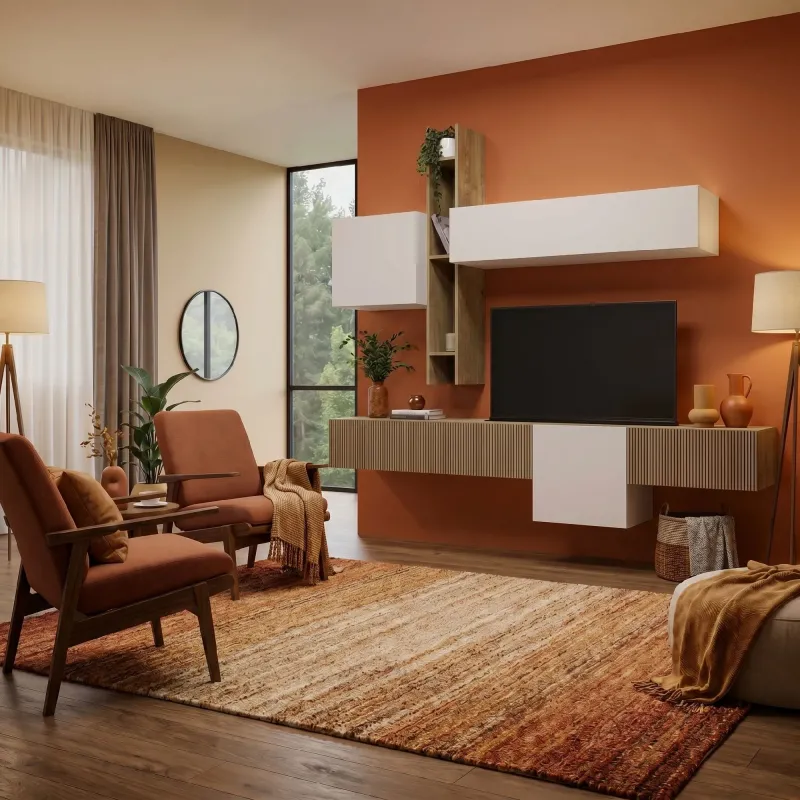 Parete sospesa 262x220x30 cashmere e Kadiz cannettato con moduli sagomati - ETERNITY