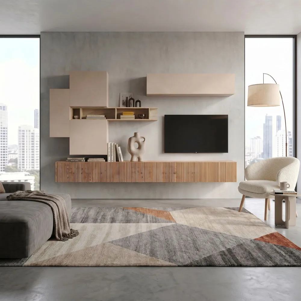 Parete TV sospesa 276x187x30 cm cashmere e cadiz con pensili e libreria - Eternity