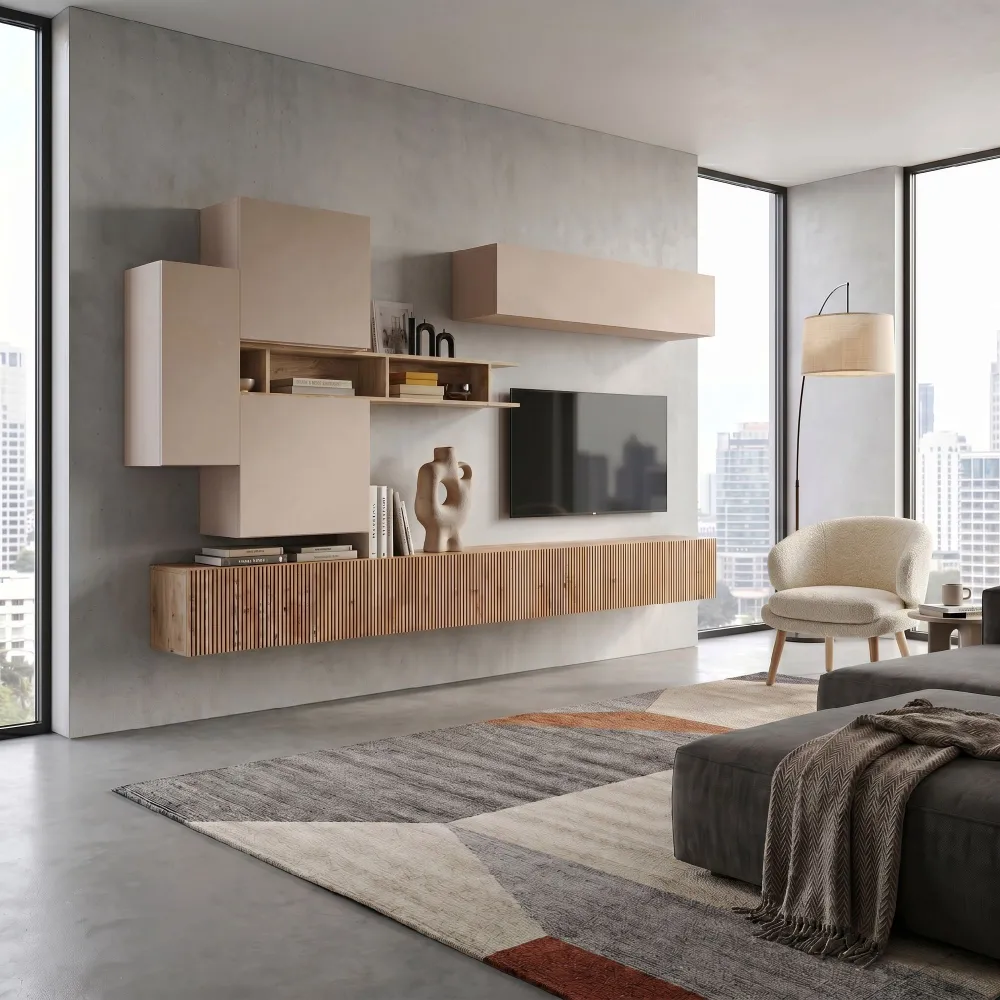 Parete TV sospesa 276x187x30 cm cashmere e cadiz con pensili e libreria - Eternity