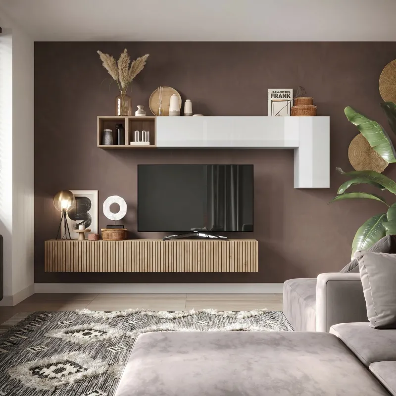 Parete TV sospesa 276x180x30 cm bianco lucido e cadiz con vani a giorno - Eternity