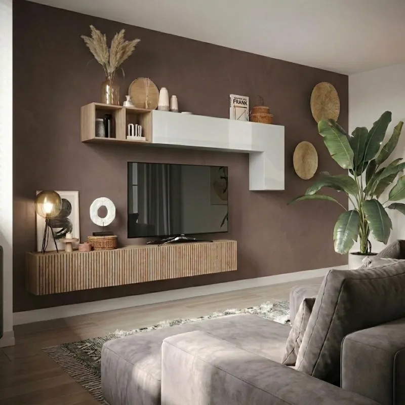 Parete TV sospesa 276x180x30 cm bianco lucido e cadiz con vani a giorno - Eternity