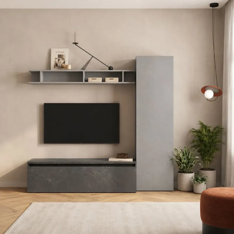 Parete TV 192x186x40 cm ardesia, gesso e piombo con vani a giorno e contenitori - Eternity