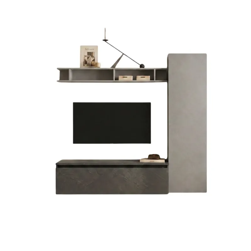 Parete TV 192x186x40 cm ardesia, gesso e piombo con vani a giorno e contenitori - Eternity