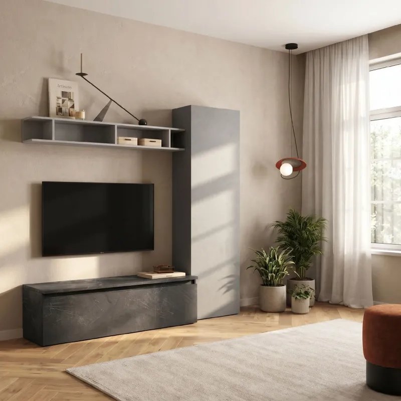 Parete TV 192x186x40 cm ardesia, gesso e piombo con vani a giorno e contenitori - Eternity