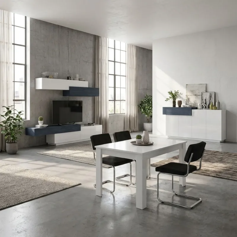 CUBO Credenza 4 Ante 1 Cassetto Bianco Laccato Lucido e Ardesia - Web Convenienza
