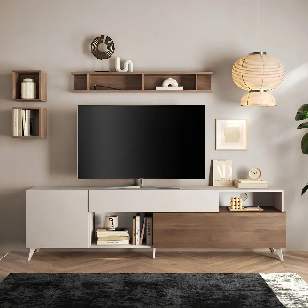 Base TV 240x67x42 colore beige e rovere scuro per ambienti moderni - Riviera