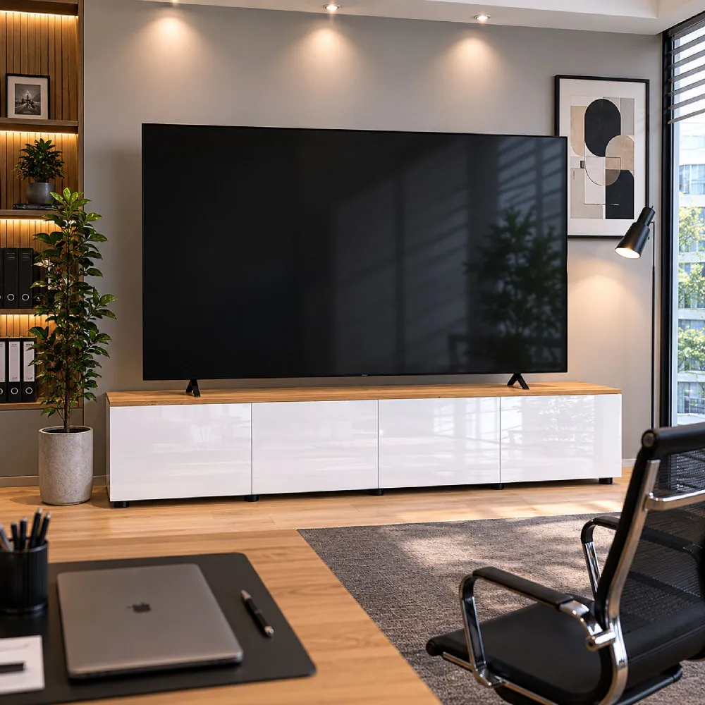 Mobile porta TV 245x43x47 cm bianco lucido e cadiz con 4 ante battenti - Clark