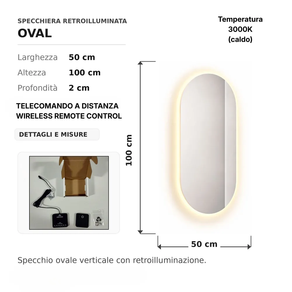 Specchiera ovale Oval retroilluminata 50x2x100 cm - ETERNITY 2