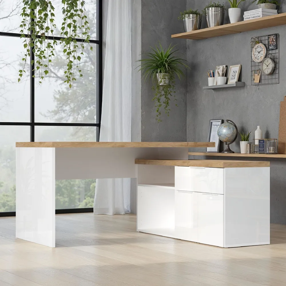 Scrivania angolare 140x132x75 cm bianco lucido e piano rovere Cadiz 2 ante e un cassetto - CLARK