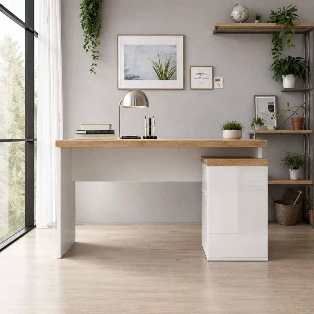 Scrivania angolare 140x132x75 cm bianco lucido e piano rovere Cadiz 2 ante e un cassetto - CLARK 2