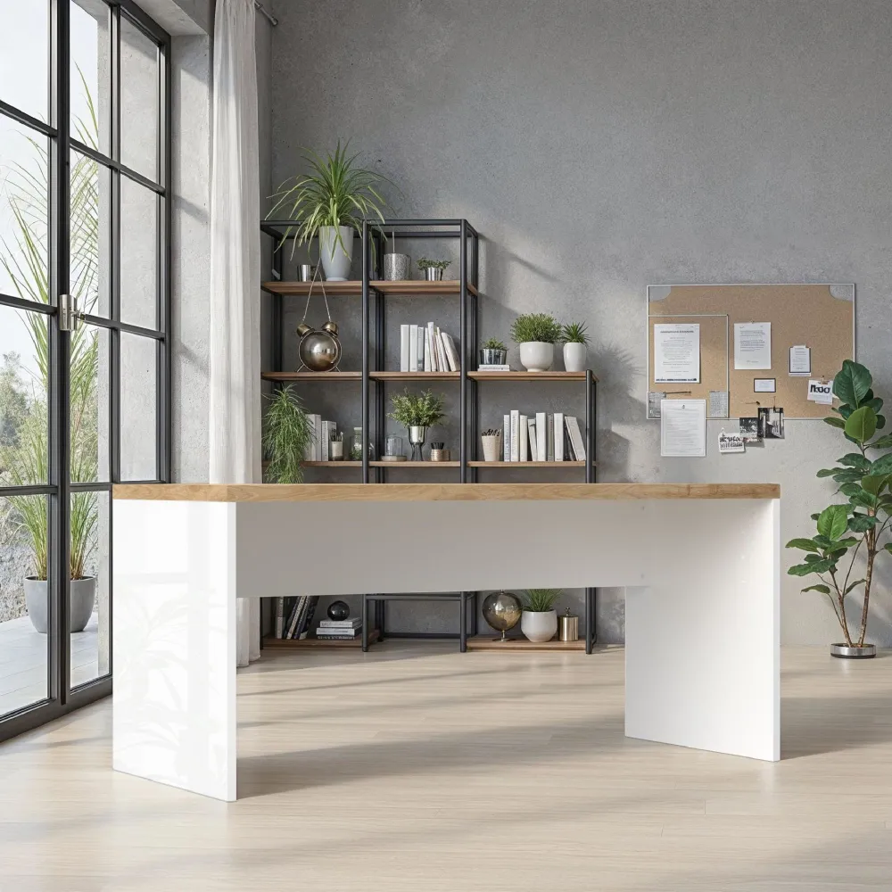 Scrivania 160x68x75 cm bianco lucido con piano rovere Cadiz - CLARK