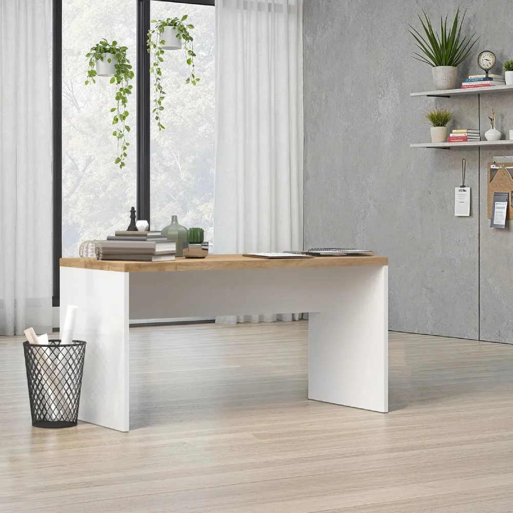 Scrivania 138x68x75 cm bianco lucido con piano rovere Cadiz - CLARK