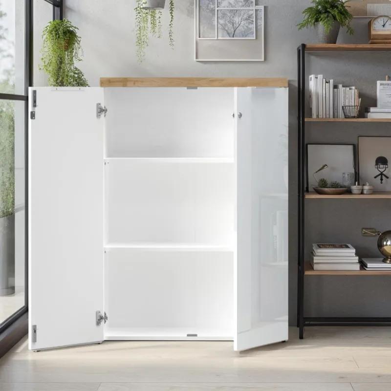Mobile contenitore 115x80x34 cm con 2 frontali bianco lucido e piano rovere Cadiz - CLARK