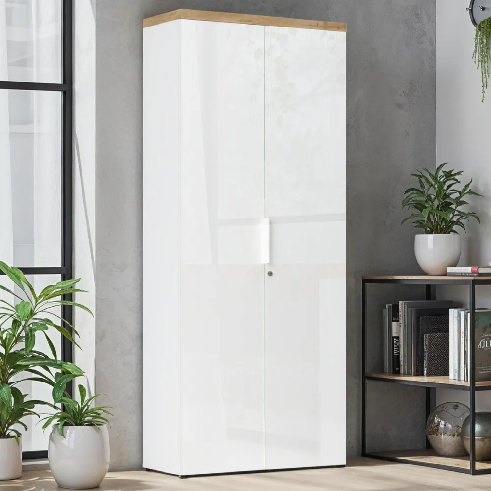 Mobile contenitore alto 80x190x34 cm con 2 frontali bianco lucido 4 ripiani interni e piano rovere Cadiz - CLARK 2