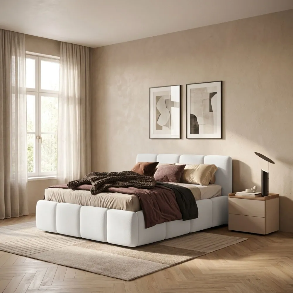 Letto matrimoniale 160 cm imbottito 179x215x100 cm in bouclé beige - MOMO