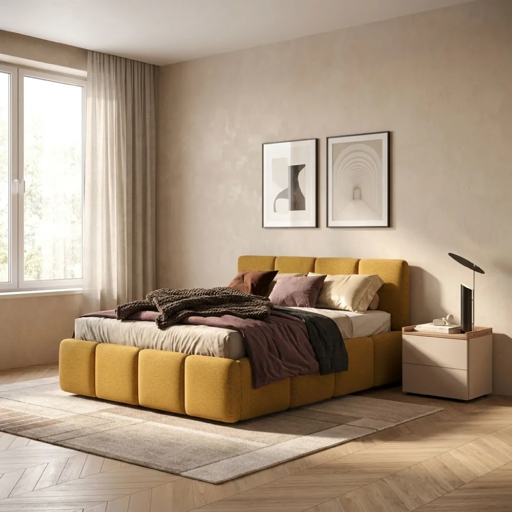 Letto matrimoniale 160 cm imbottito con contenitore 179x215x100 cm in bouclé senape - MOMO