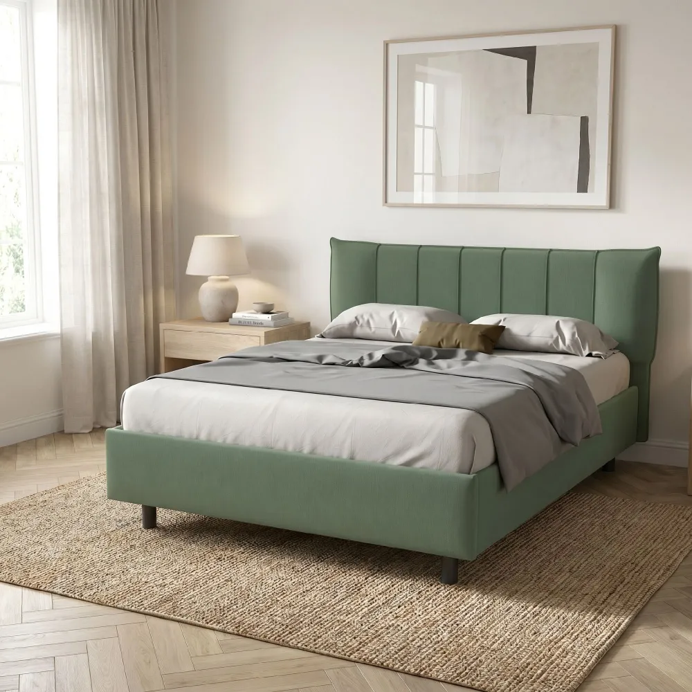 Letto matrimoniale 160 cm imbottito con testiera 171x202x116 cm in tessuto verde salvia - ZEN