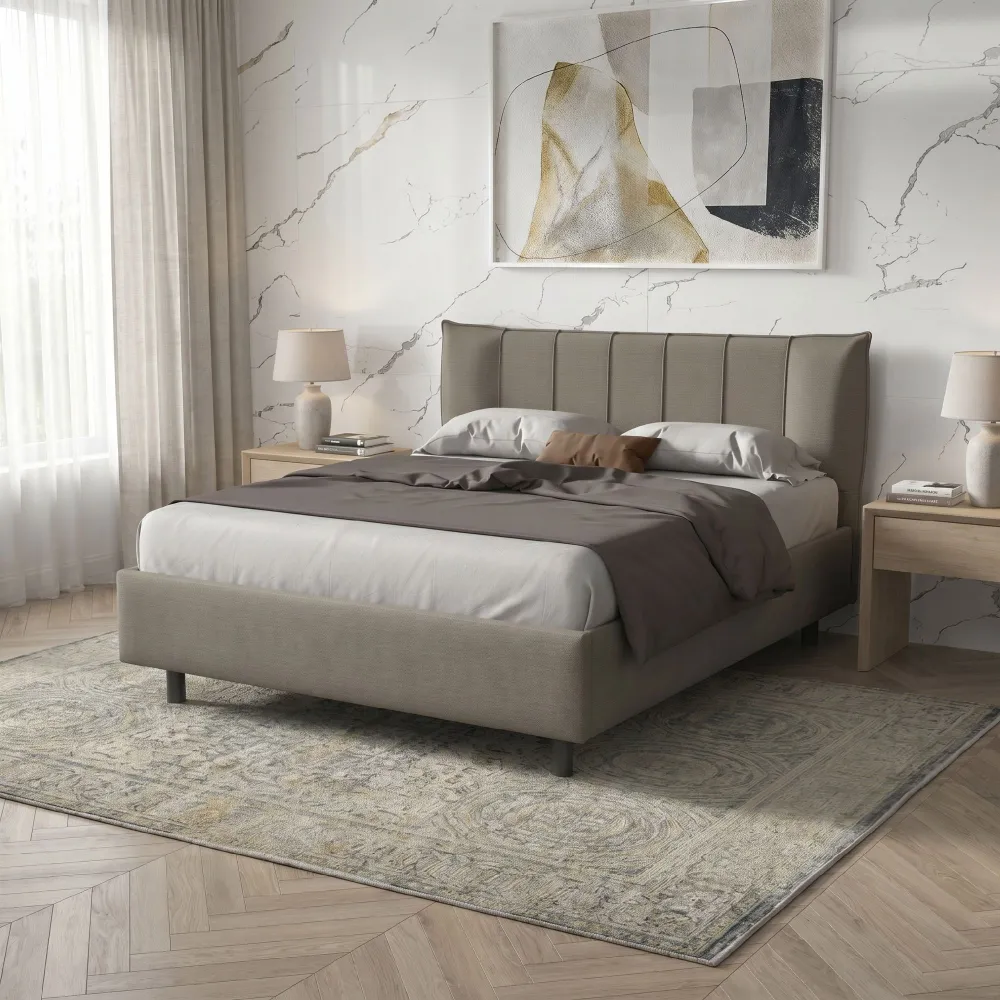 Letto matrimoniale 160 cm imbottito con contenitore 171x202x116 cm in tessuto tortora - ZEN
