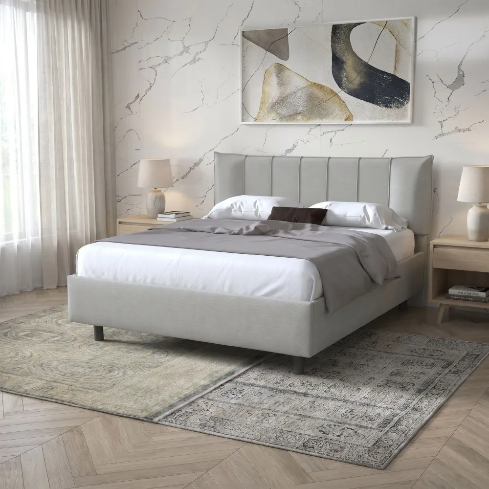 Letto matrimoniale 160 cm imbottito con contenitore 171x202x116 cm in tessuto ghiaccio - ZEN