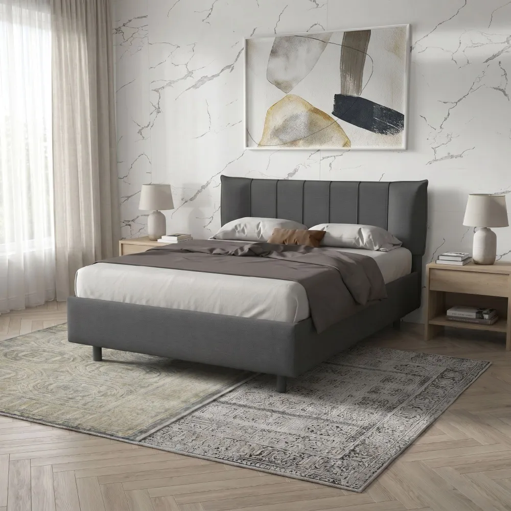 Letto matrimoniale 160 cm imbottito con contenitore 171x202x116 cm in tessuto grigio fumo - ZEN