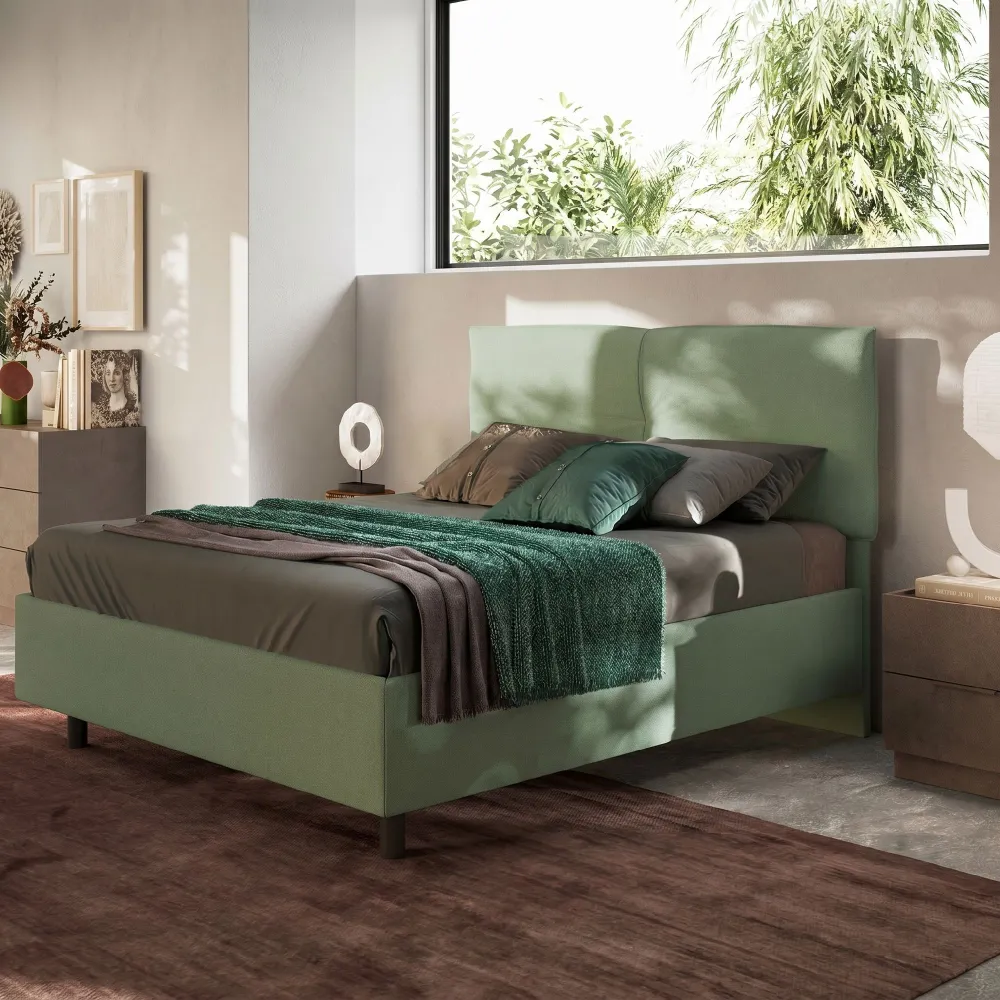 Letto matrimoniale 160 cm imbottito con contenitore 171x202x116 cm in tessuto verde salvia - MUSA