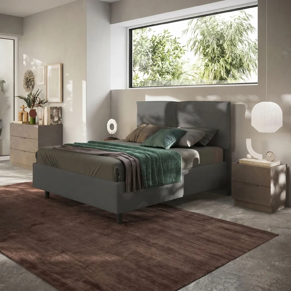 Letto matrimoniale 160 cm imbottito con contenitore 171x202x116 cm in tessuto grigio fumo - MUSA