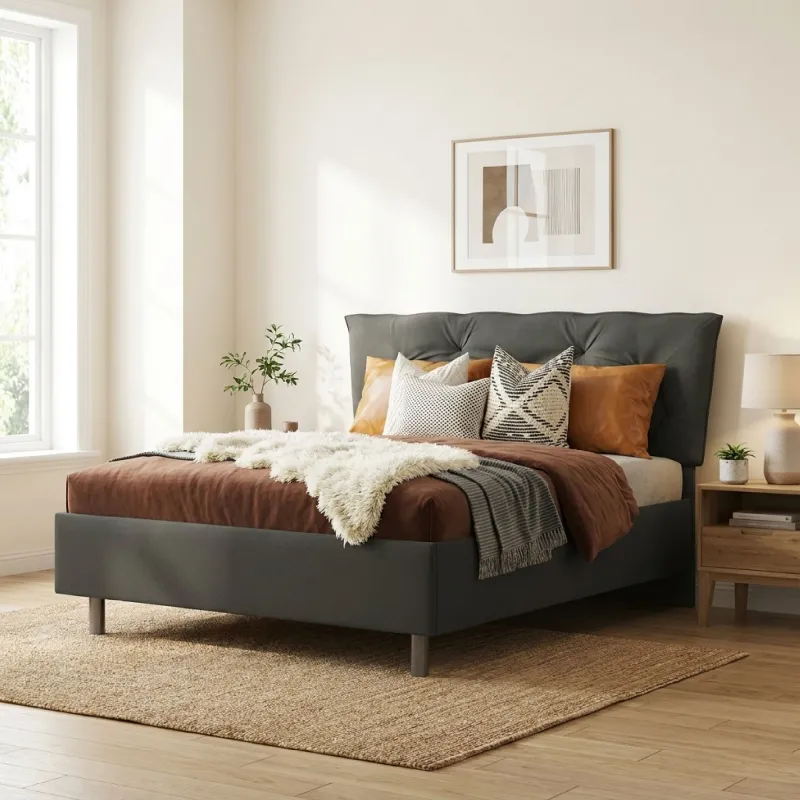Letto matrimoniale 160 cm imbottito con contenitore 171x202x116 cm in tessuto grigio fumo - CLIFF