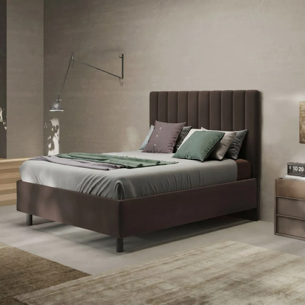 Letto matrimoniale 160 cm imbottito con testiera 171x202x142 cm in velluto cioccolato - BUNNY